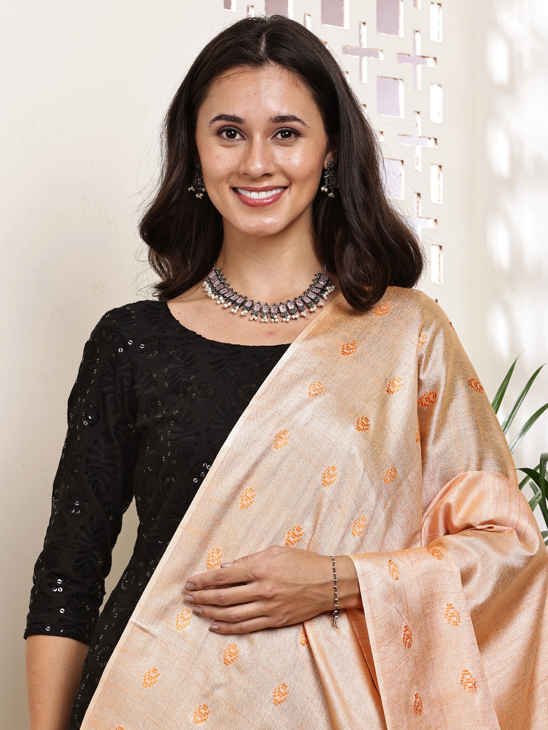 Dupatta-Cotton Silk -Orange Border Buti