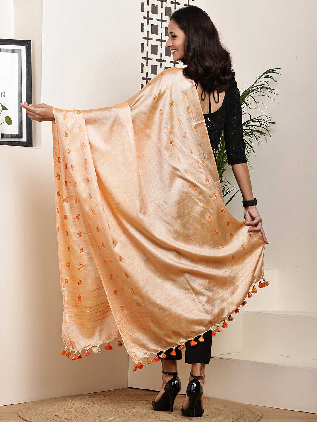 Dupatta-Cotton Silk -Orange Border Buti