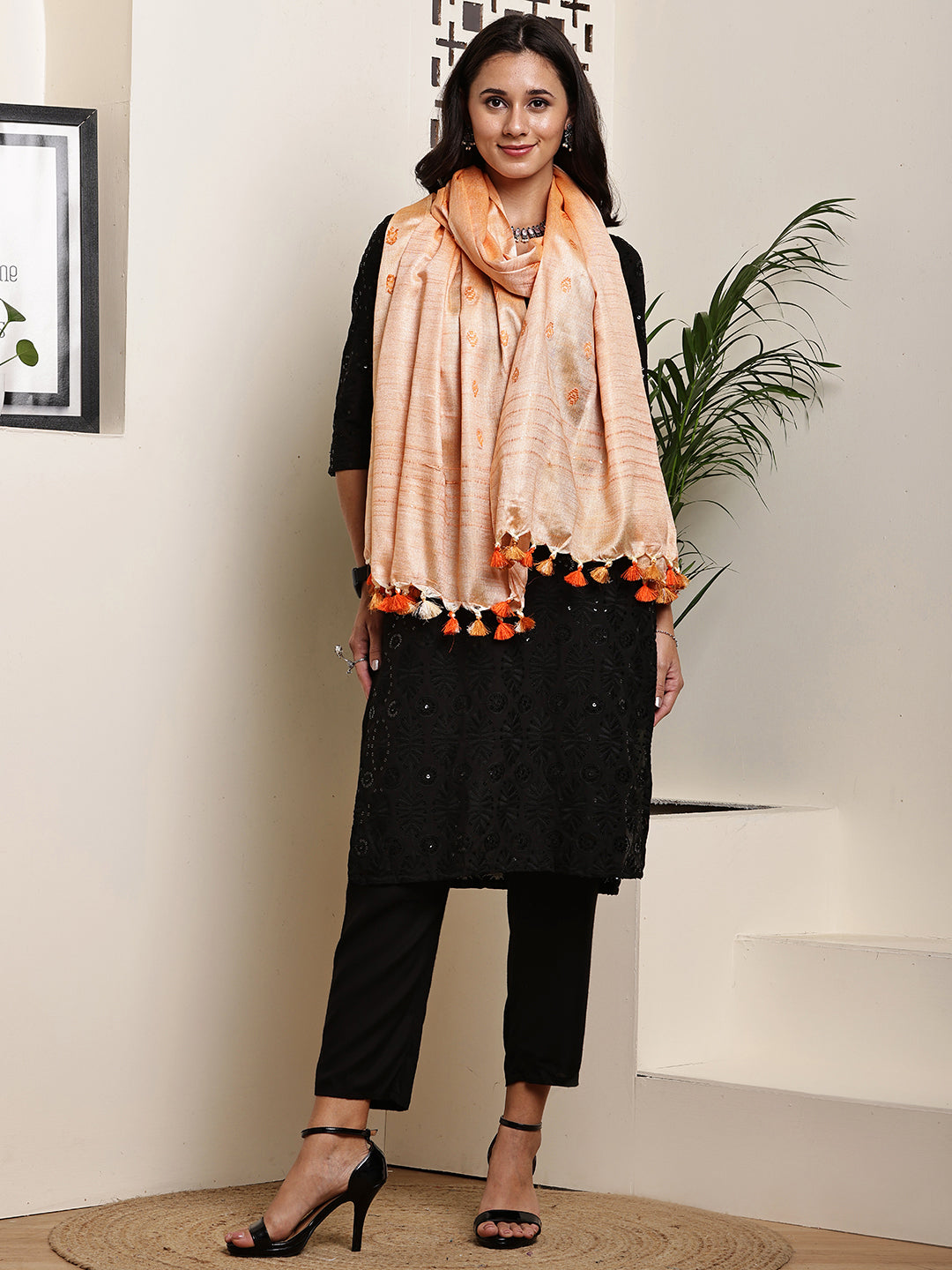 Dupatta-Cotton Silk -Orange Border Buti