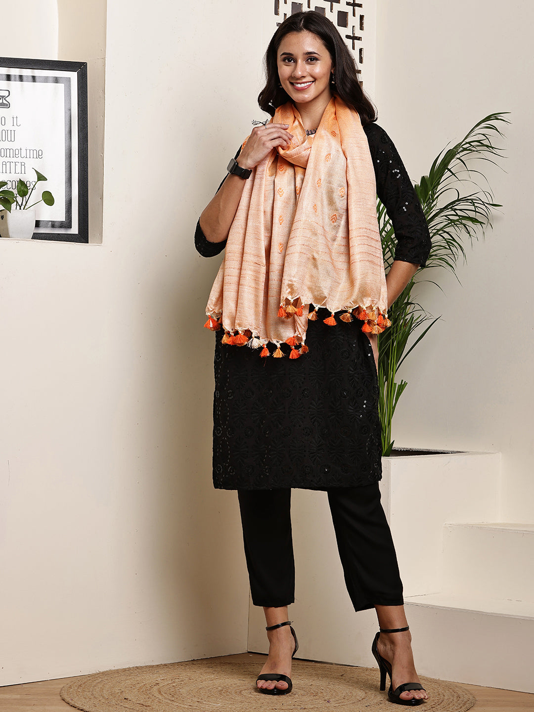 Dupatta-Cotton Silk -Orange Border Buti