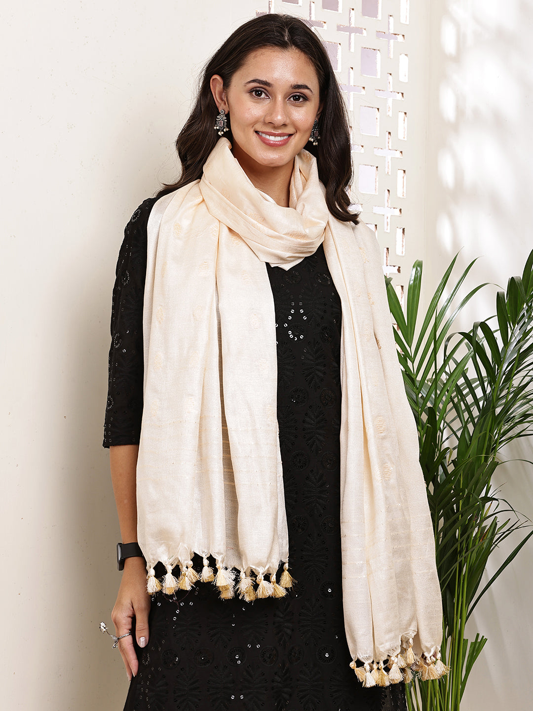 Dupatta-Cotton Silk - Cream Border Buti
