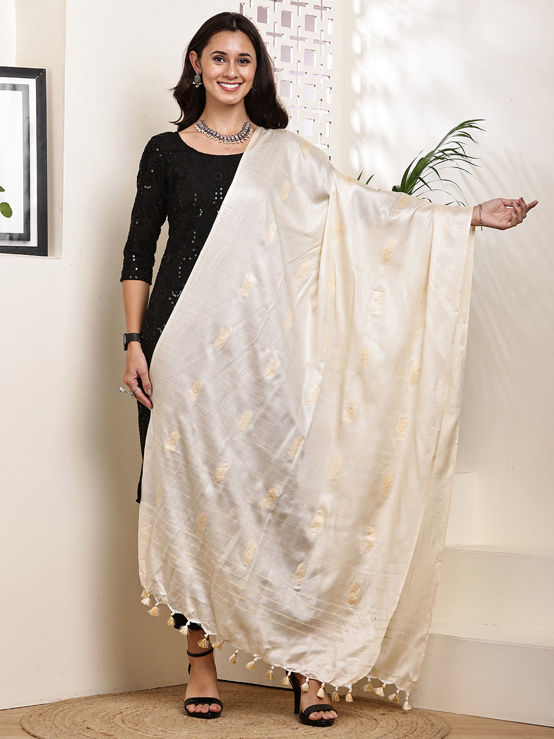 Dupatta-Cotton Silk - Cream All Over Buti