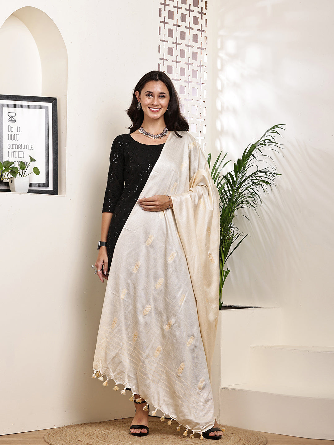 Dupatta-Cotton Silk - Cream All Over Buti