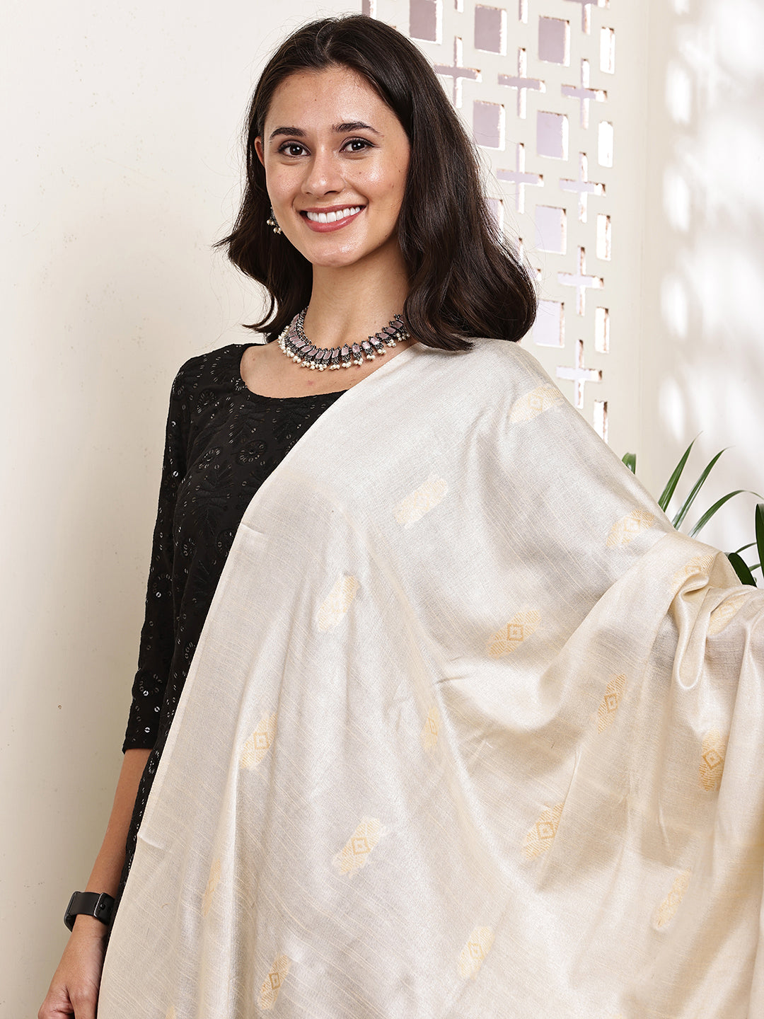 Dupatta-Cotton Silk - Cream All Over Buti