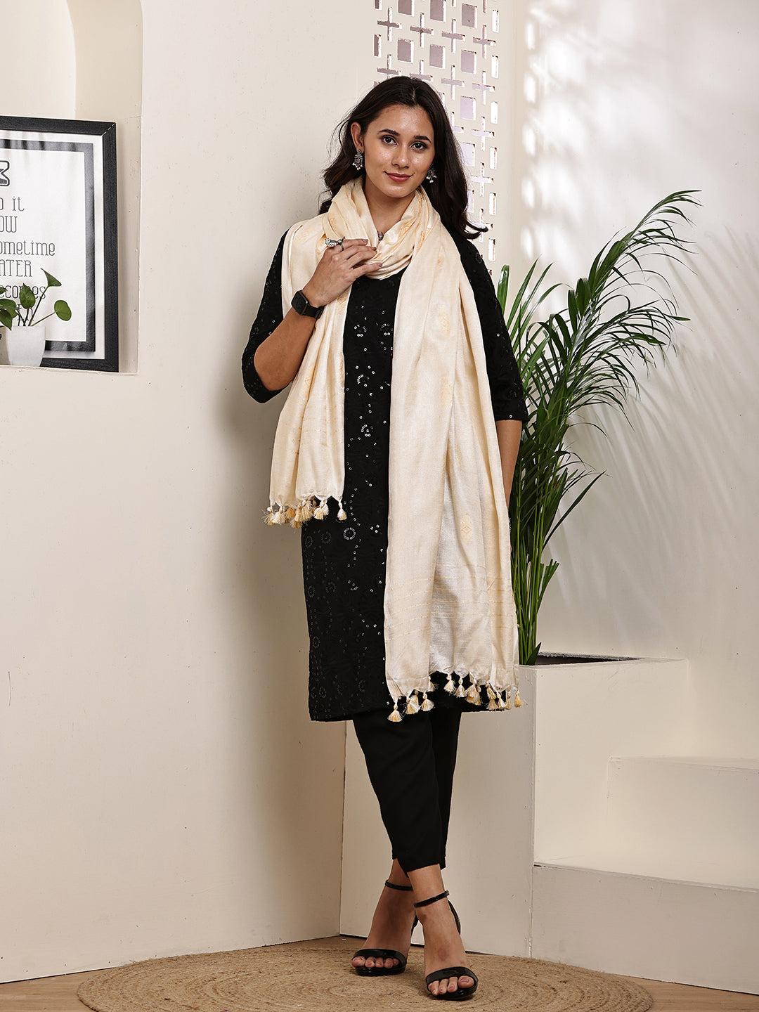 Dupatta-Cotton Silk - Cream All Over Buti