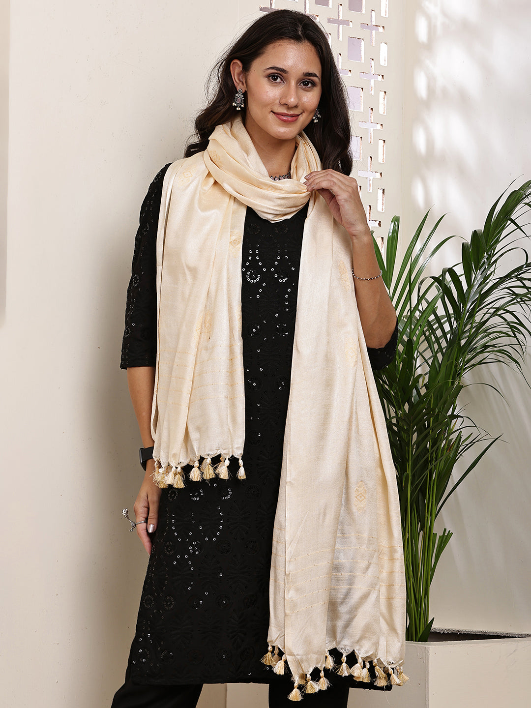 Dupatta-Cotton Silk - Cream All Over Buti