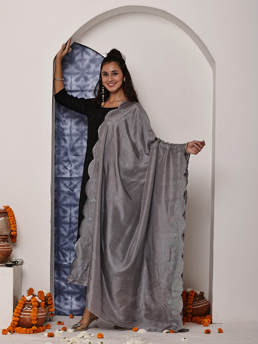 Grey Sequins Embroidered Dupatta