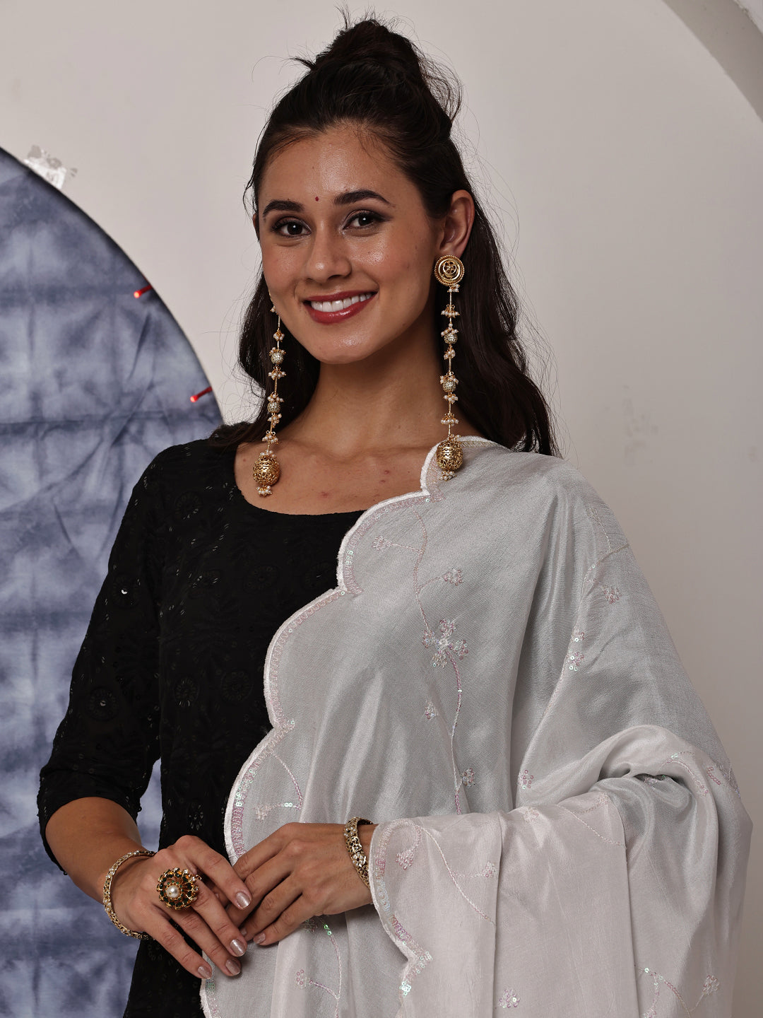 White Dyeable Sequins Embroidered Dupatta
