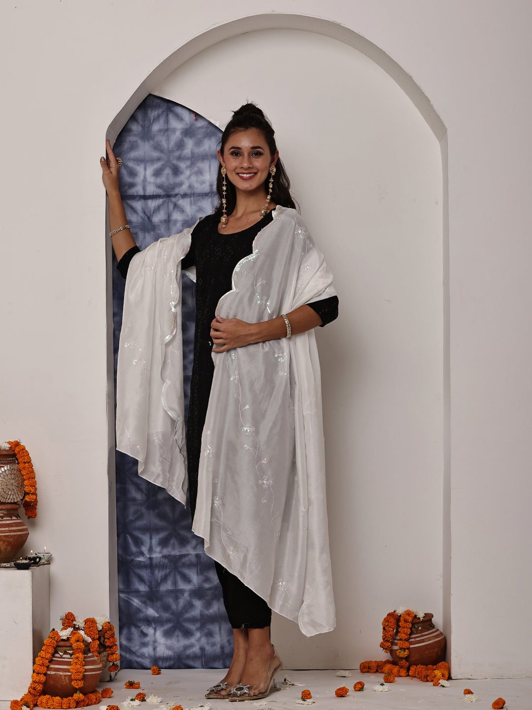 White Dyeable Sequins Embroidered Dupatta