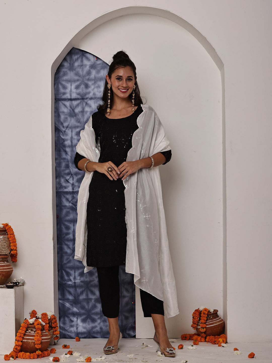 White Dyeable Sequins Embroidered Dupatta