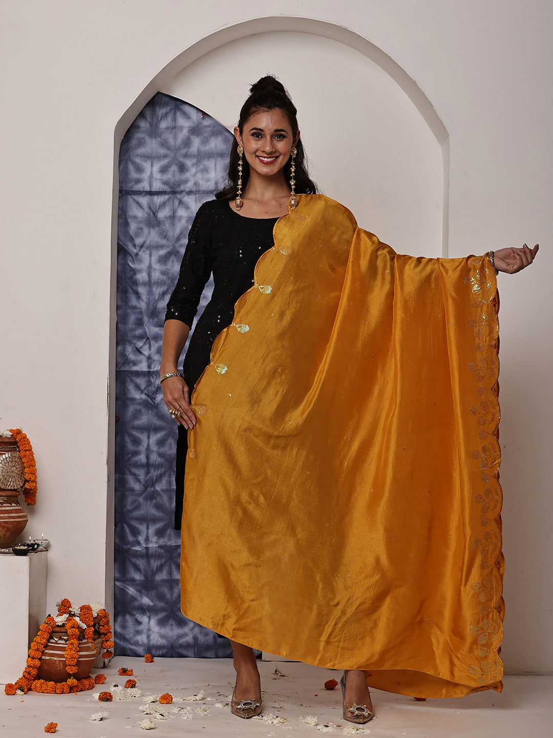 Mustard Yellow Sequins Embroidered Dupatta