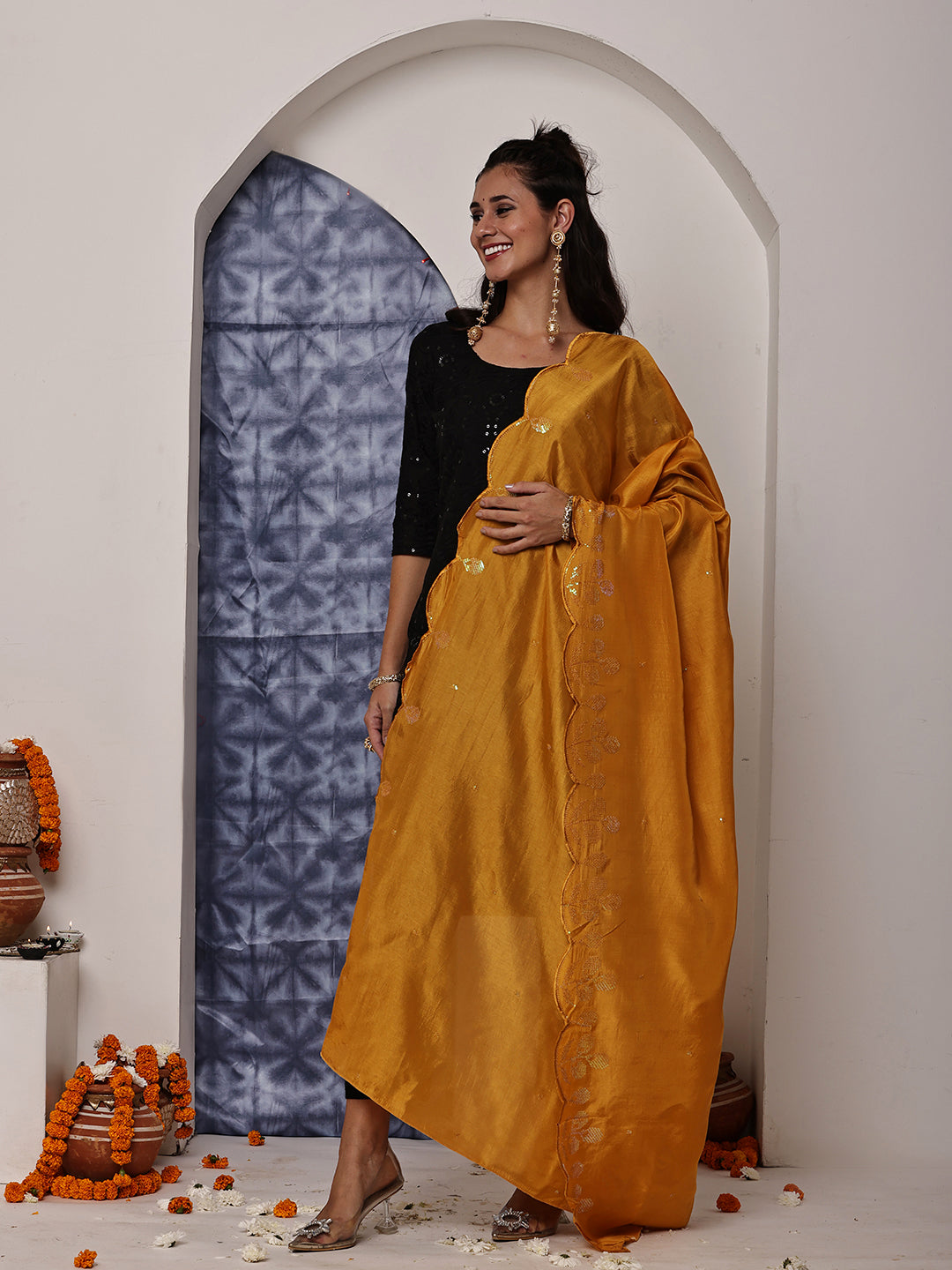 Mustard Yellow Sequins Embroidered Dupatta