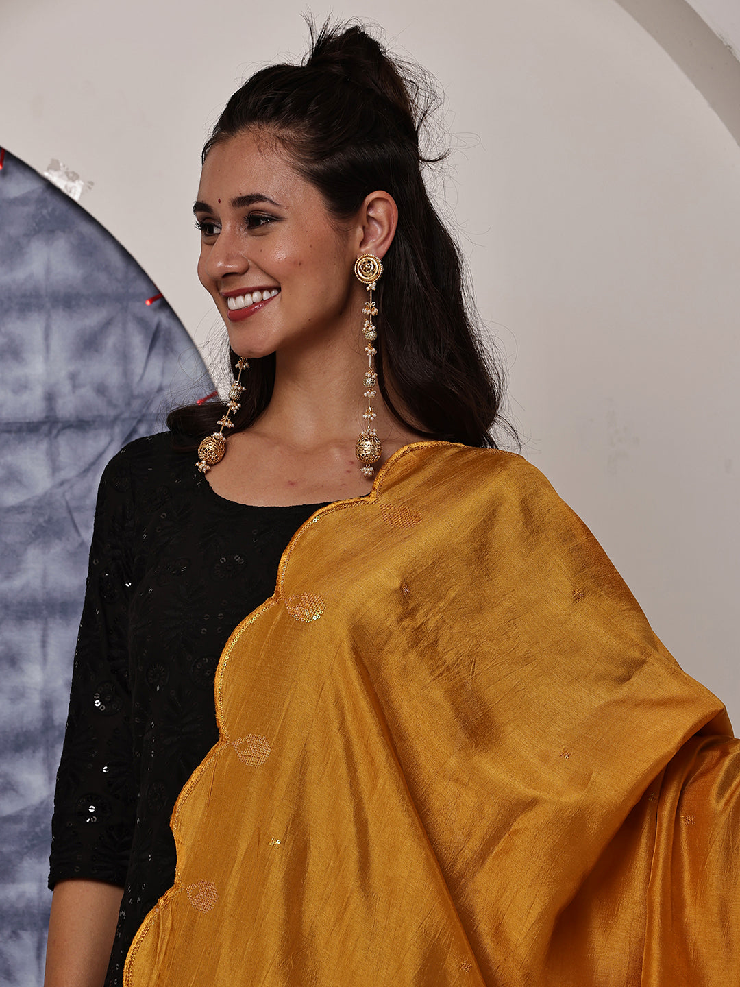 Mustard Yellow Sequins Embroidered Dupatta