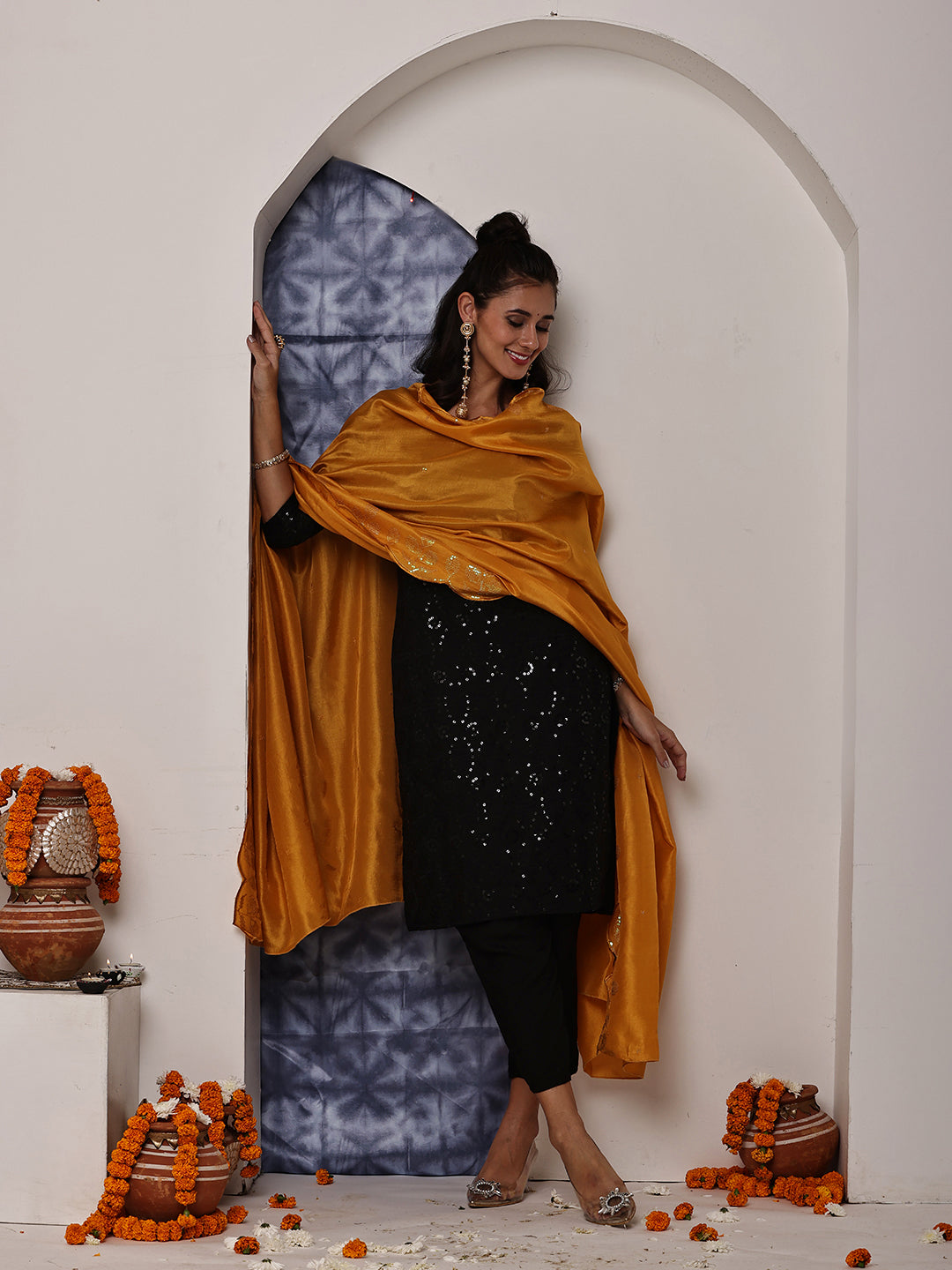 Mustard Yellow Sequins Embroidered Dupatta
