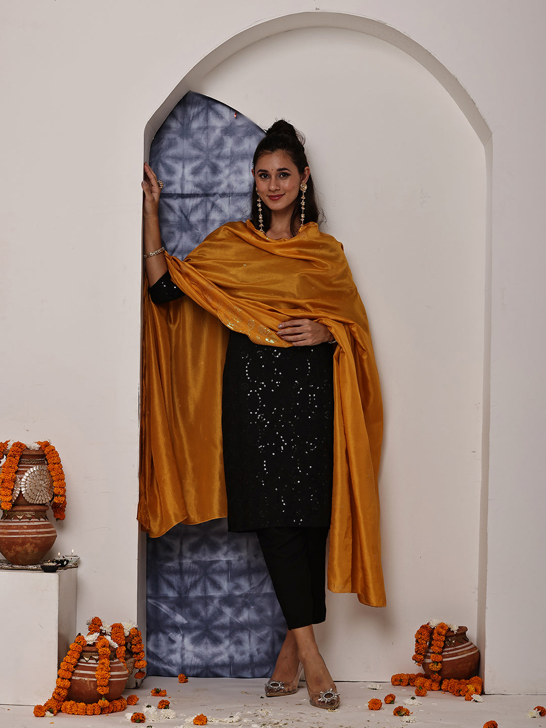 Mustard Yellow Sequins Embroidered Dupatta