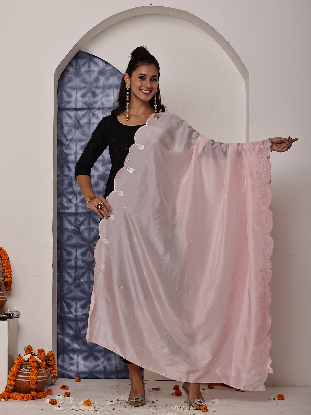Baby Pink Sequins Embroidered Dupatta