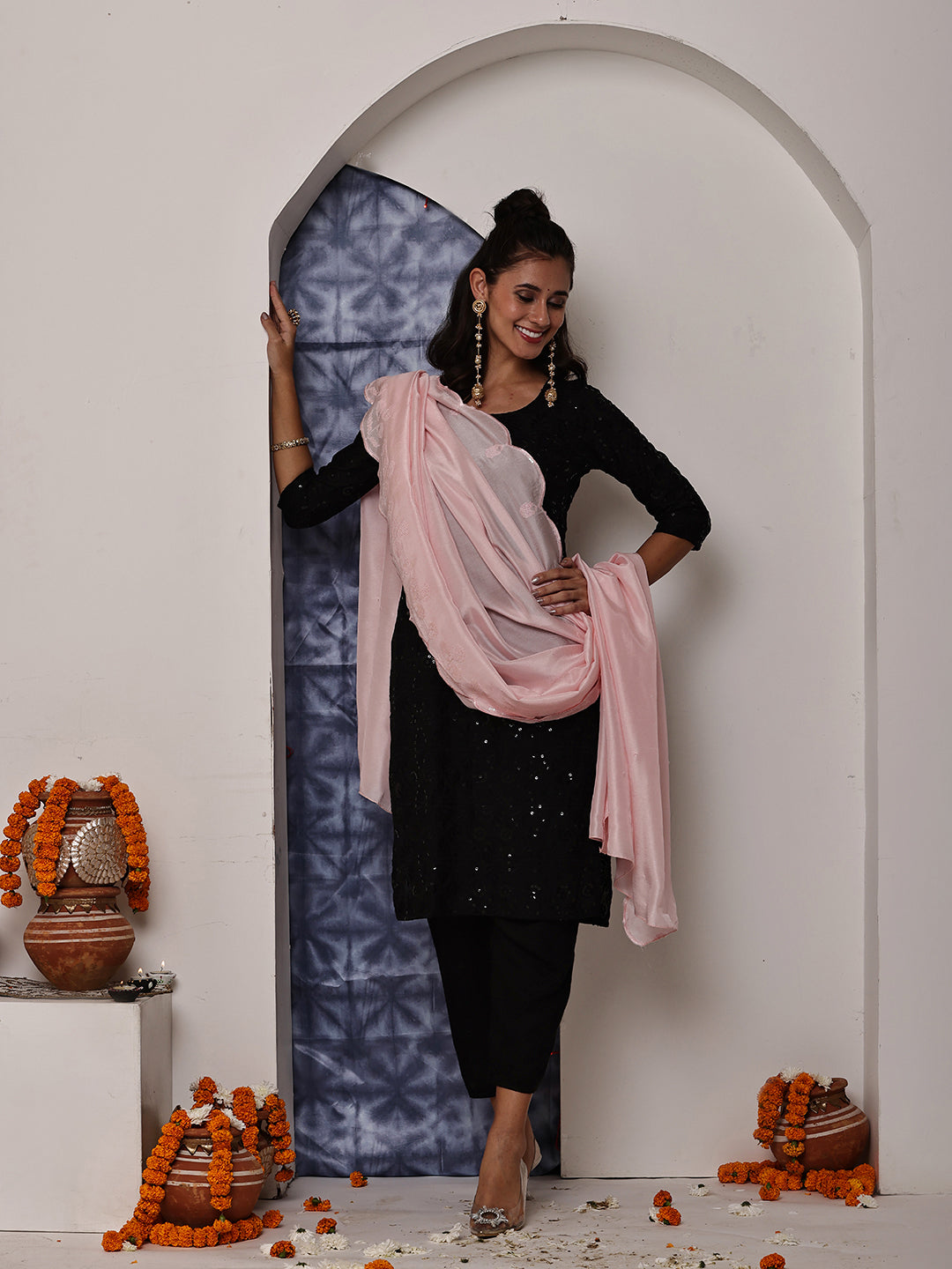 Baby Pink Sequins Embroidered Dupatta