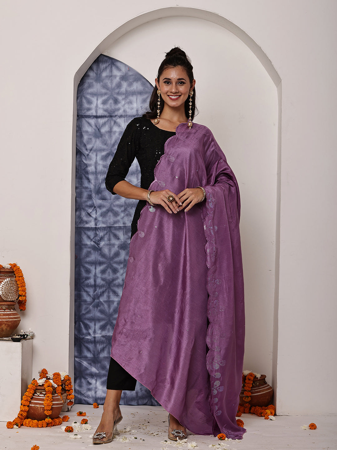 Purple Sequins Embroidered Dupatta