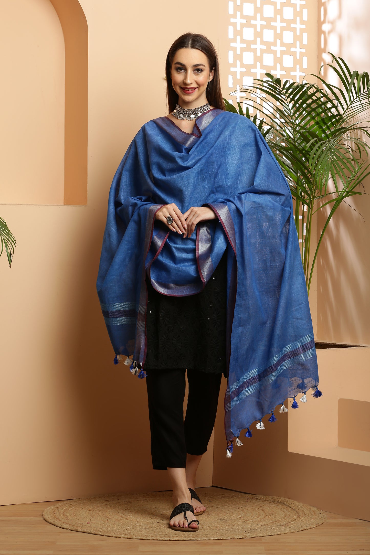 Dupatta -Cotton Slub Linen -Blue n Maroon