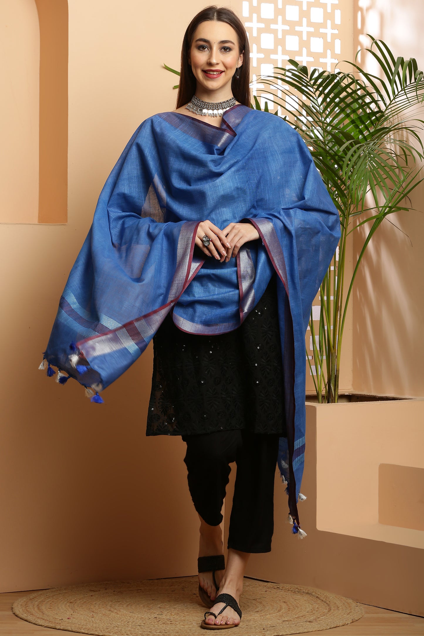 Dupatta -Cotton Slub Linen -Blue n Maroon