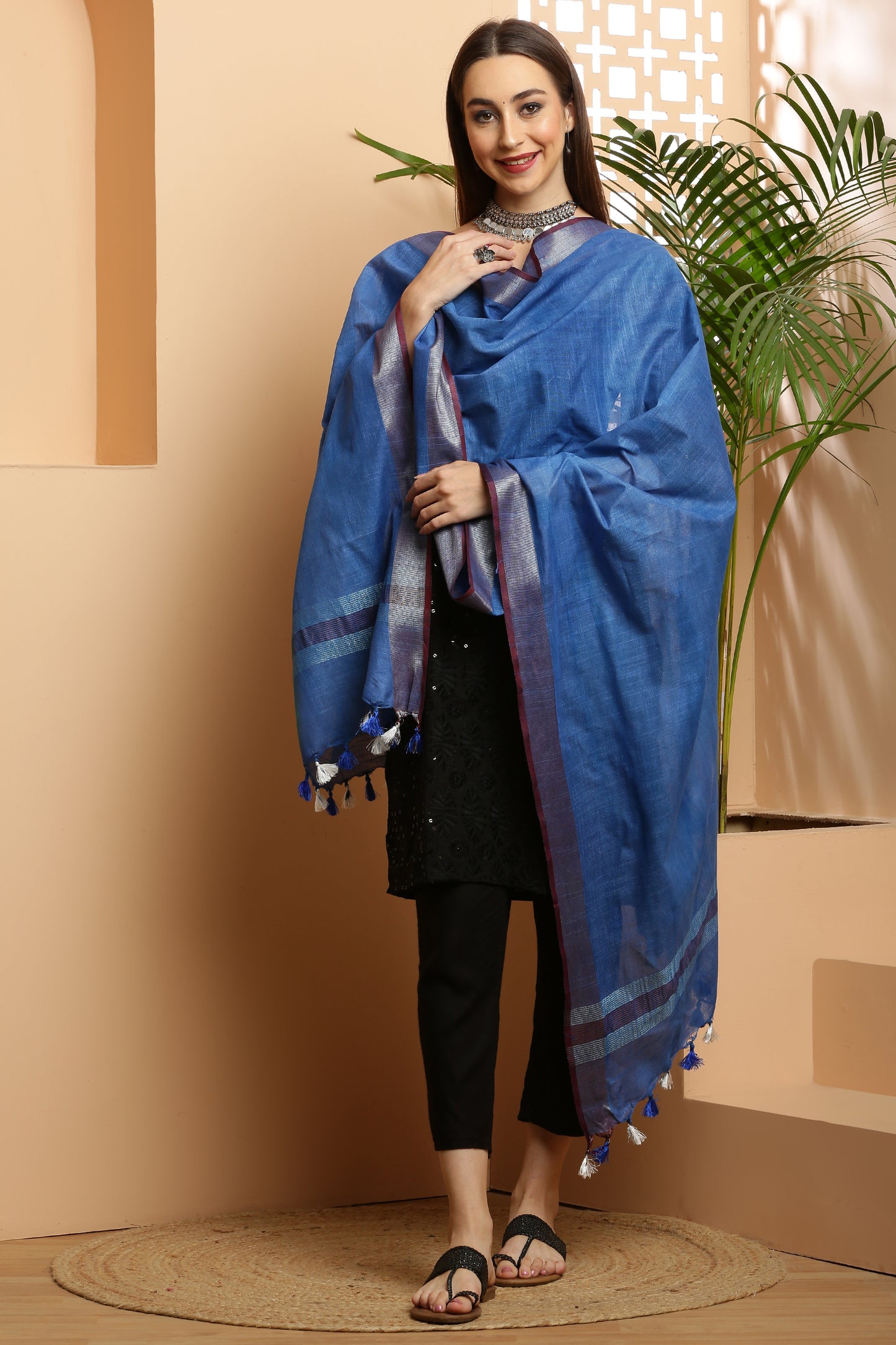Dupatta -Cotton Slub Linen -Blue n Maroon
