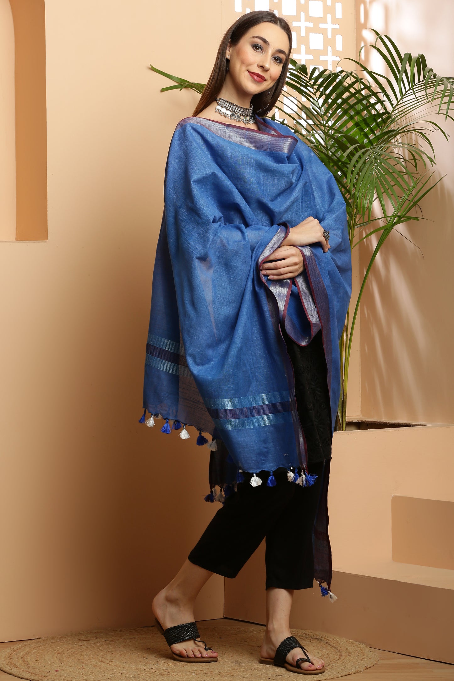 Dupatta -Cotton Slub Linen -Blue n Maroon