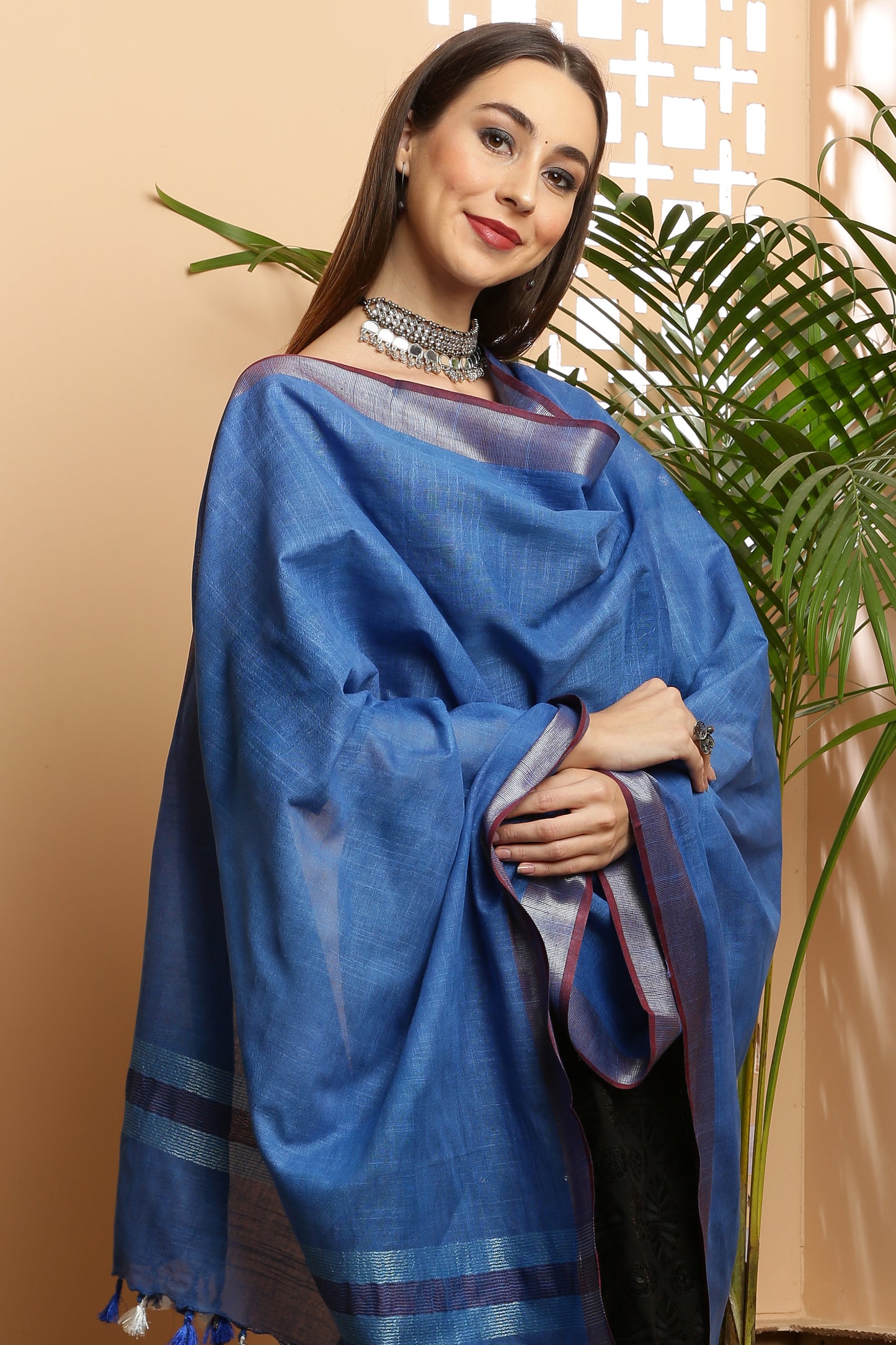 Dupatta -Cotton Slub Linen -Blue n Maroon