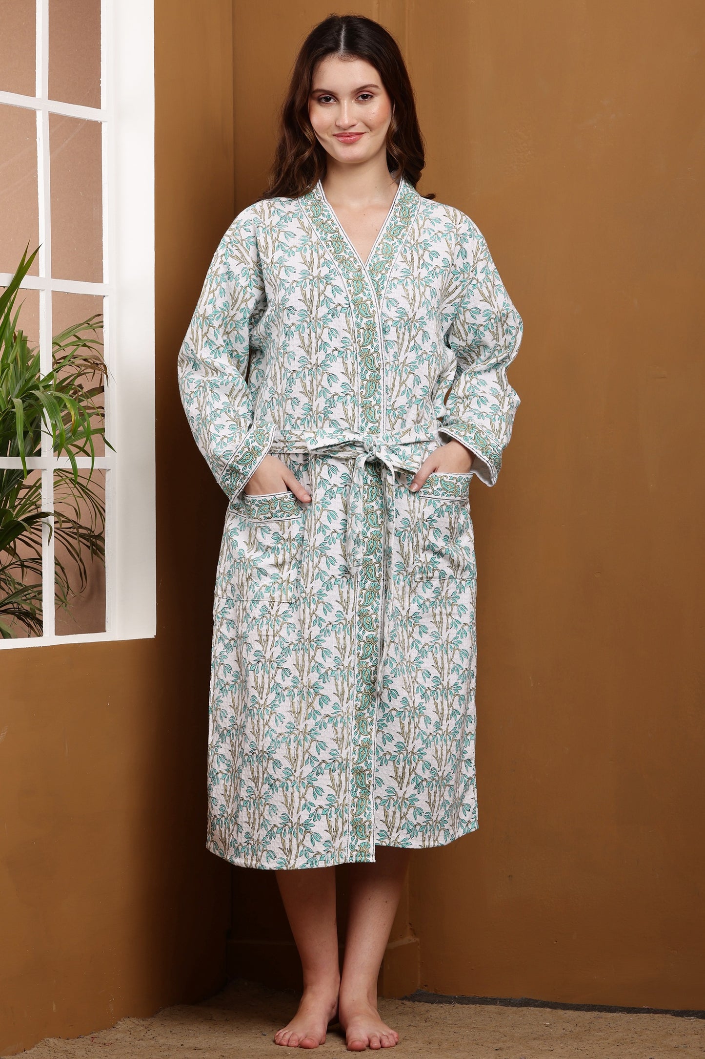 Handblock Bathrobe- Blue Leaves
