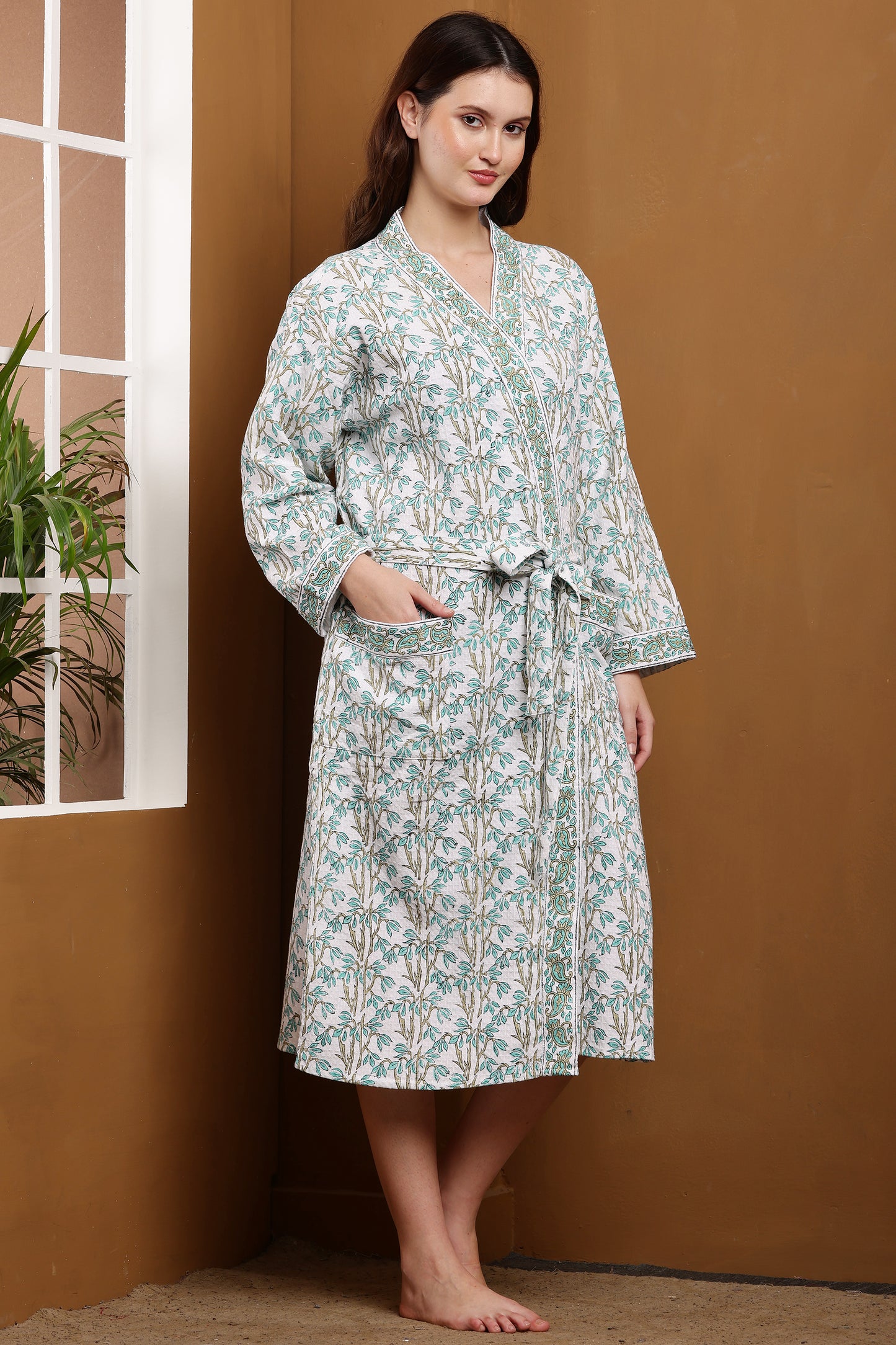 Handblock Bathrobe- Blue Leaves
