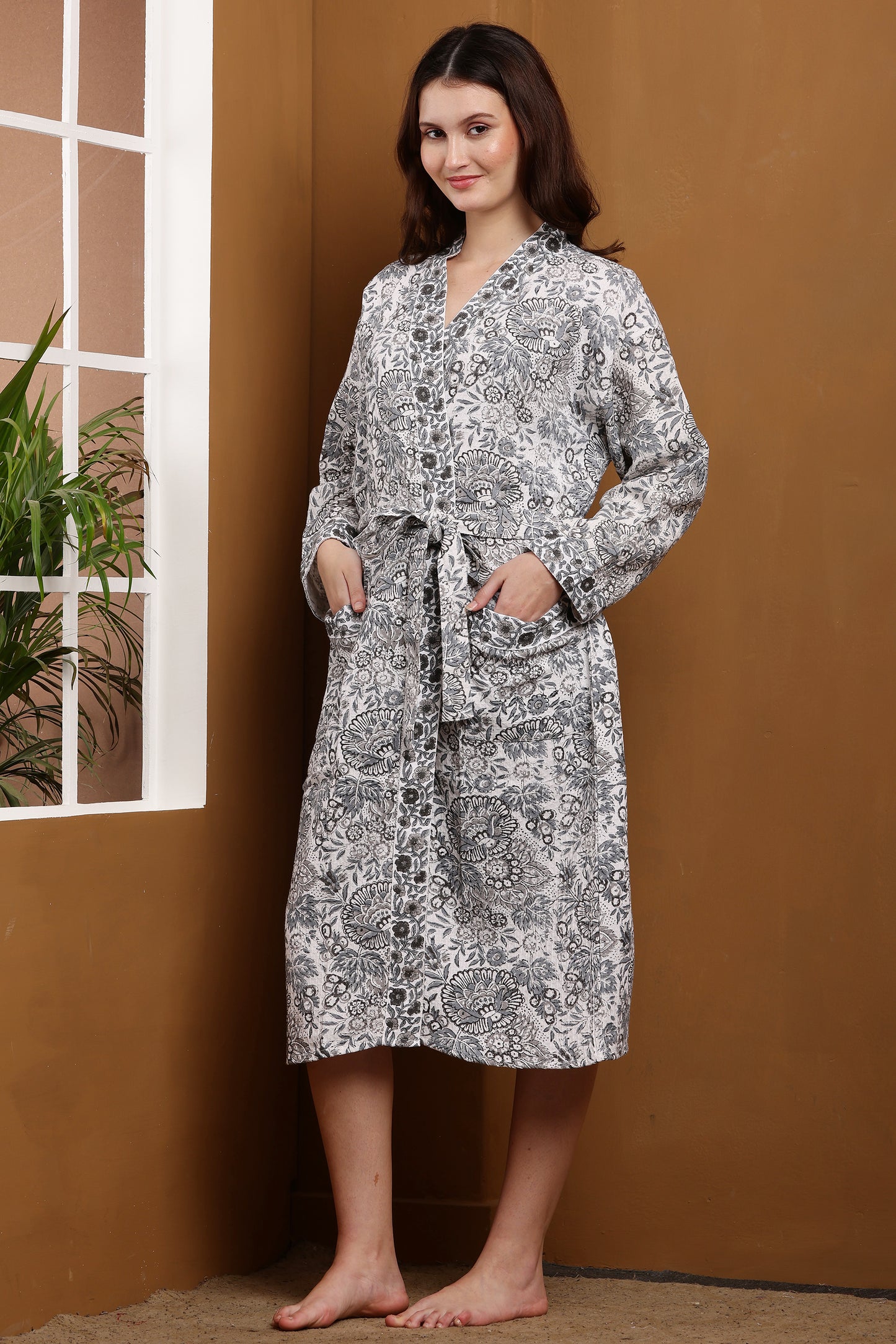 Handblock Bathrobe- Grey Tropical