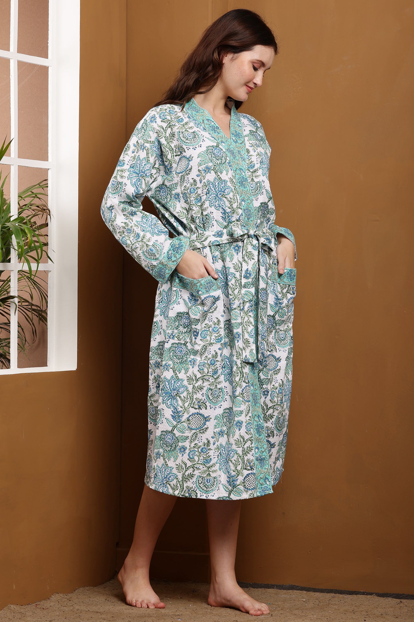 Handblock Bathrobe- Green Tropical