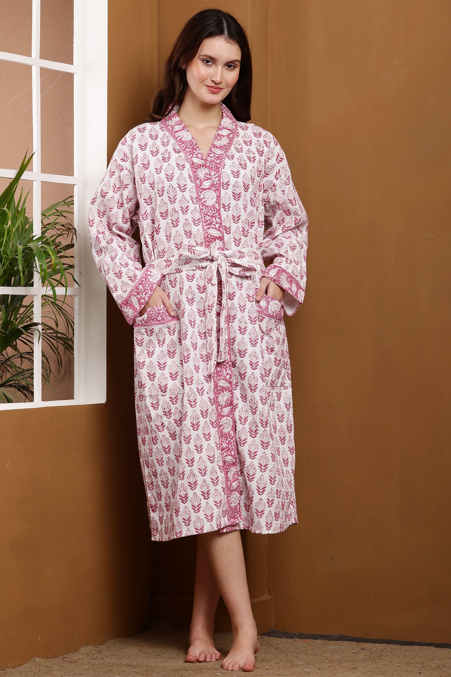 Handblock Bathrobe- Red Leaf