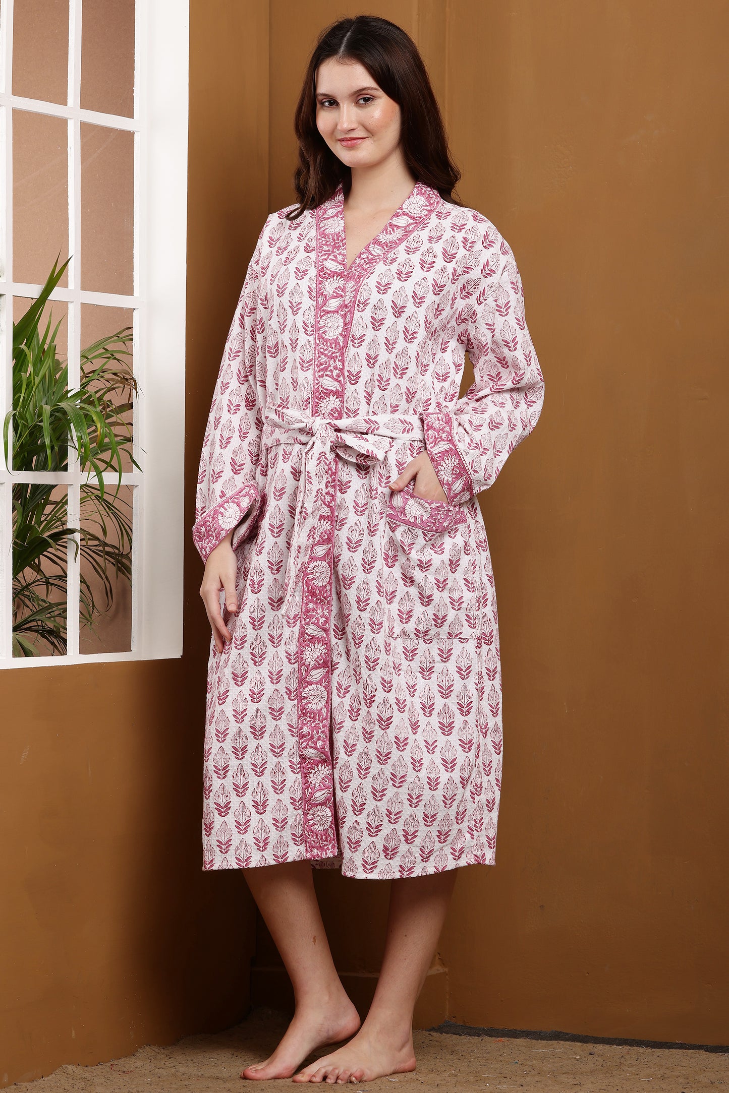 Handblock Bathrobe- Red Leaf