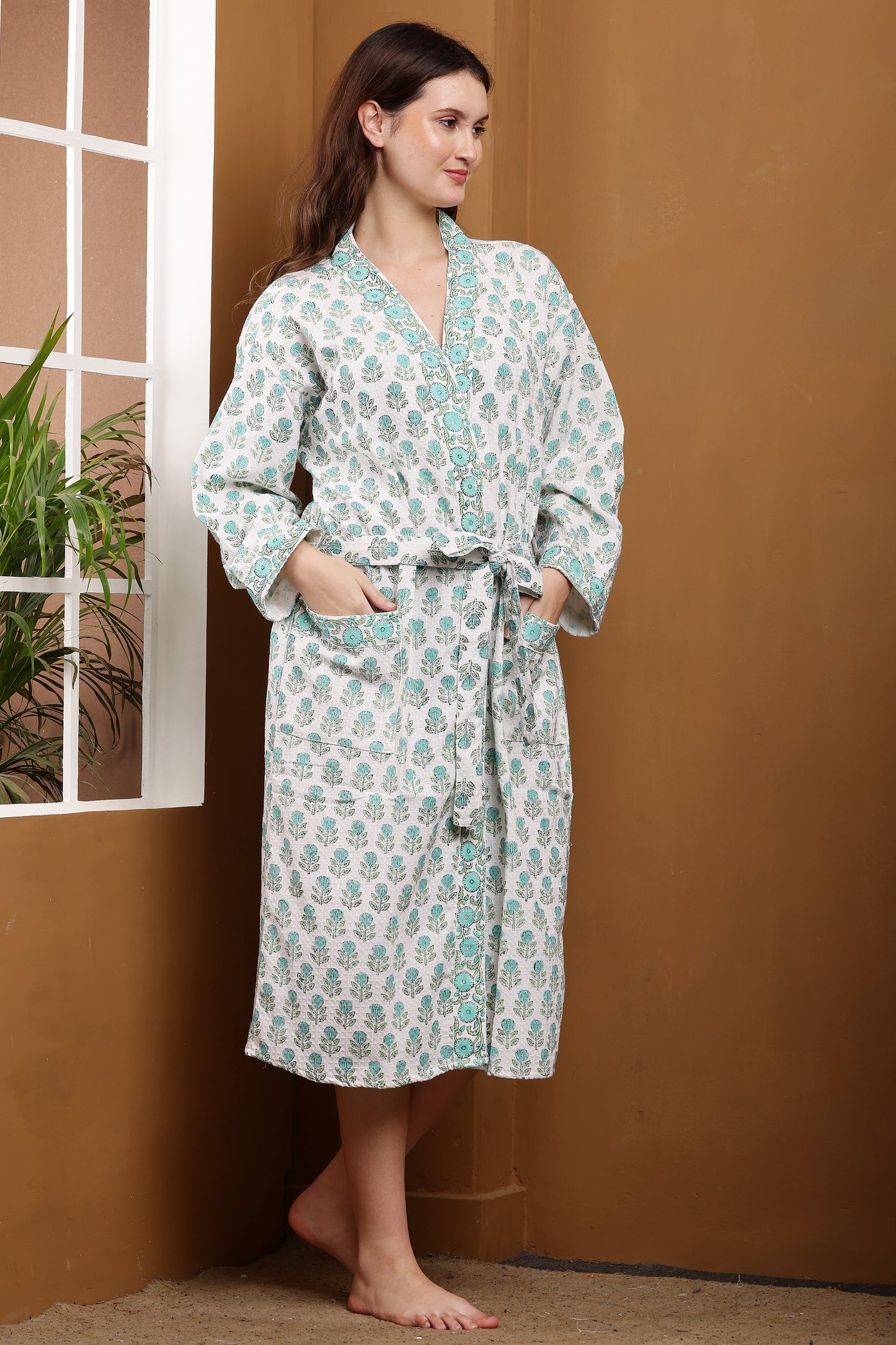Handblock Bathrobe- Blue Tulips
