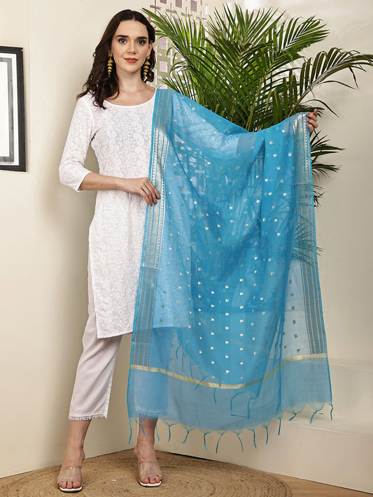 Dupatta-Banarasi Chanderi Buti- Teal Blue