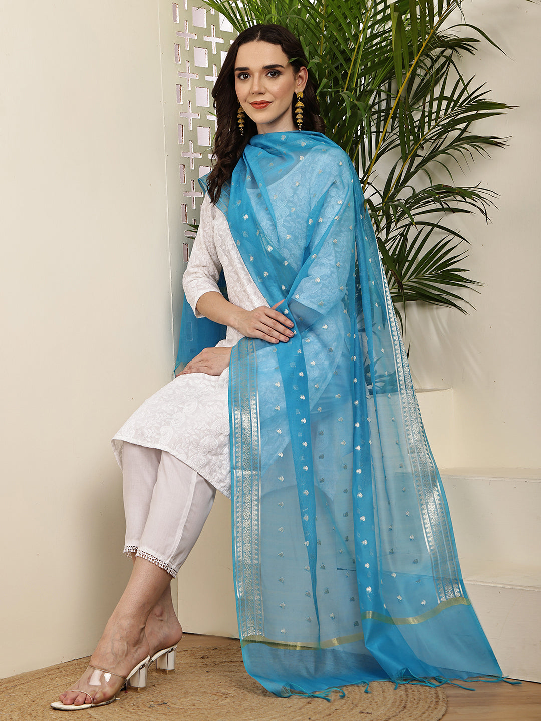 Dupatta-Banarasi Chanderi Buti- Teal Blue
