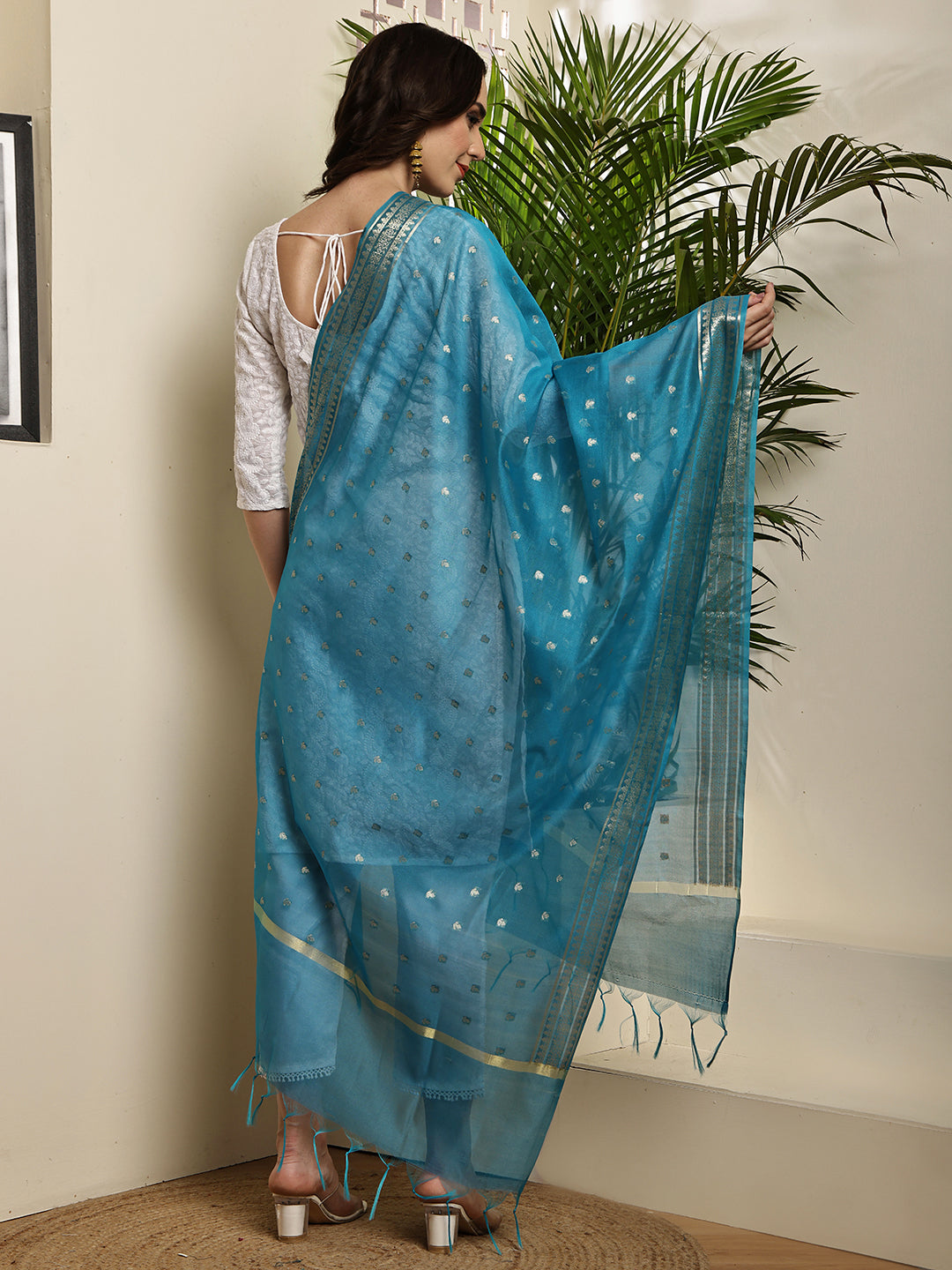 Dupatta-Banarasi Chanderi Buti- Dark Turquoise Blue