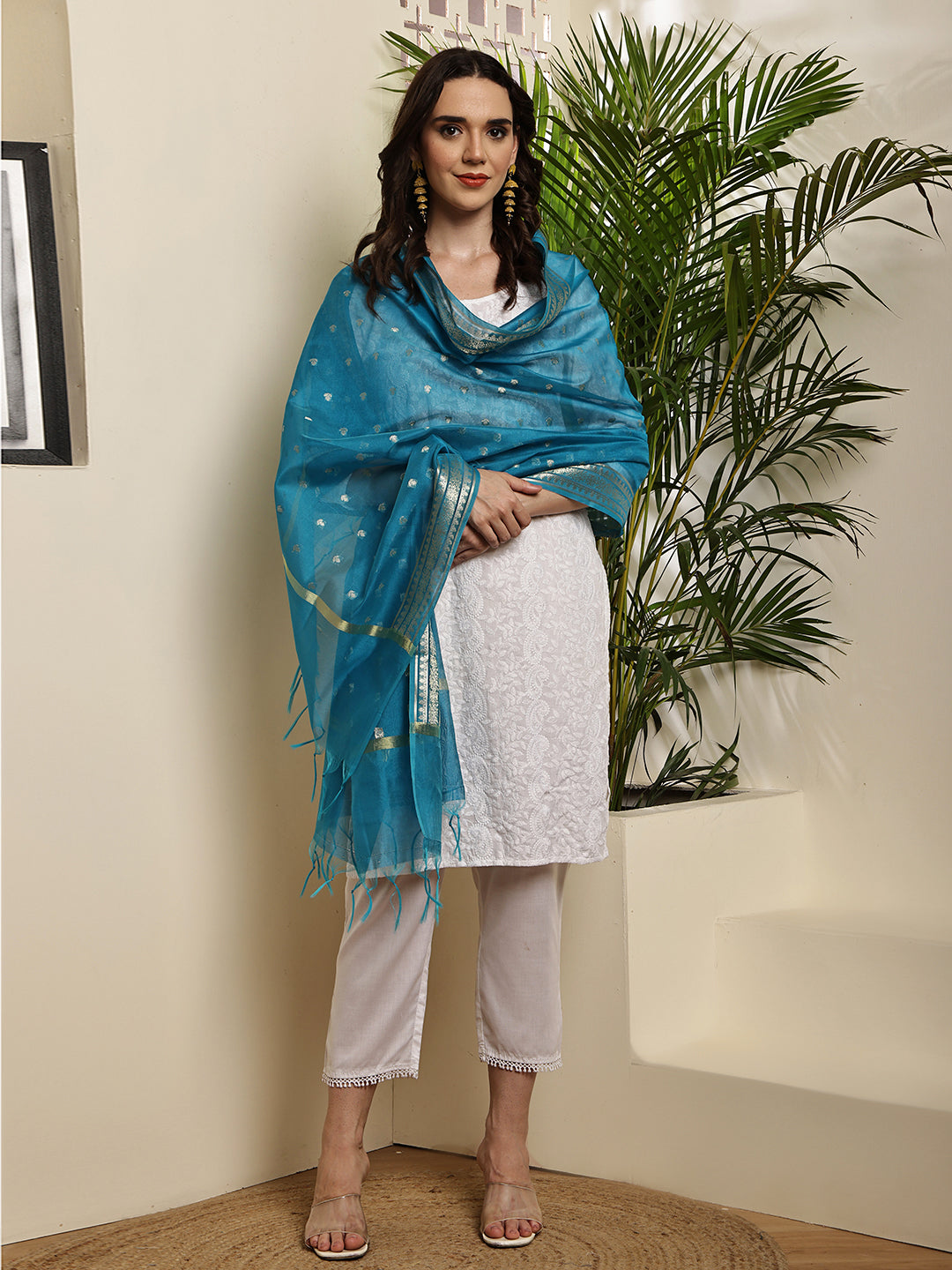 Dupatta-Banarasi Chanderi Buti- Dark Turquoise Blue
