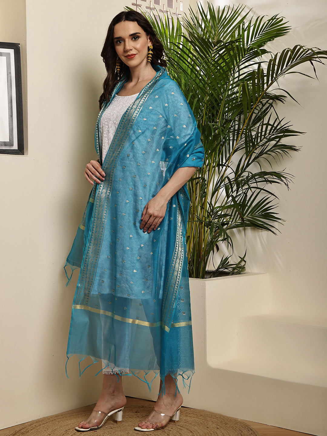 Dupatta-Banarasi Chanderi Buti- Dark Turquoise Blue