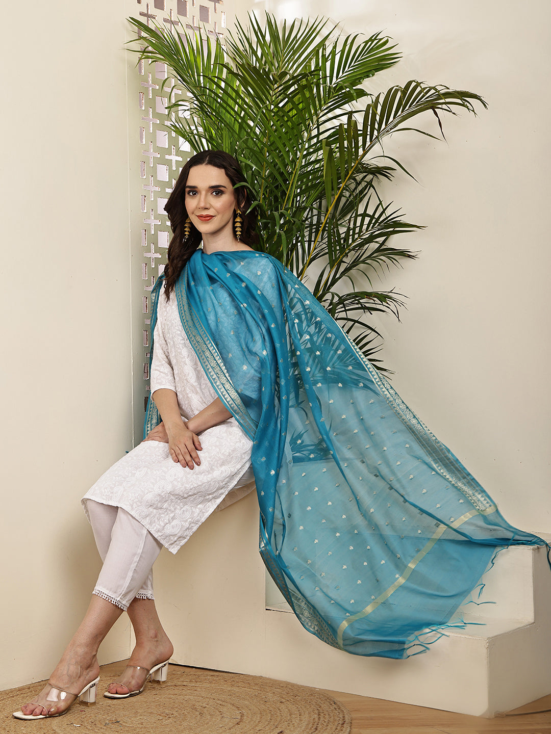 Dupatta-Banarasi Chanderi Buti- Dark Turquoise Blue