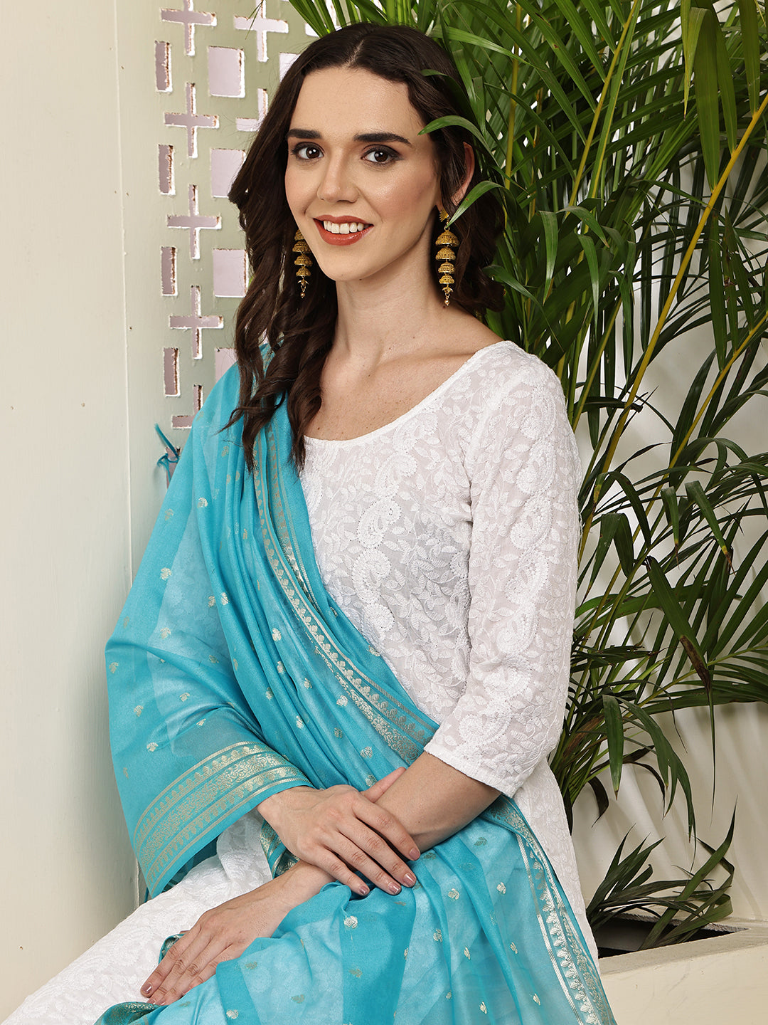 Dupatta-Banarasi Chanderi Buti- Light Turquoise Blue