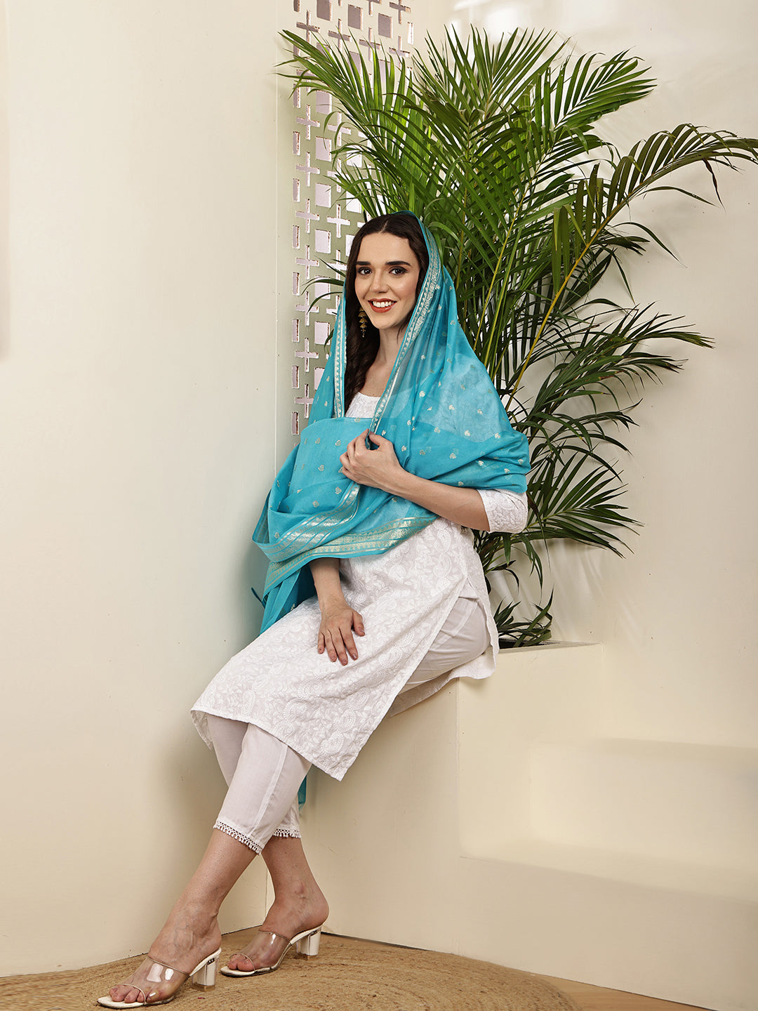 Dupatta-Banarasi Chanderi Buti- Light Turquoise Blue