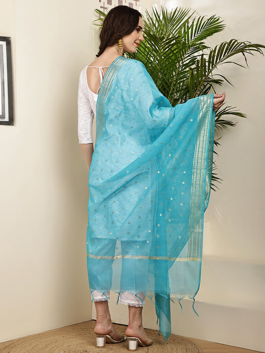 Dupatta-Banarasi Chanderi Buti- Light Turquoise Blue