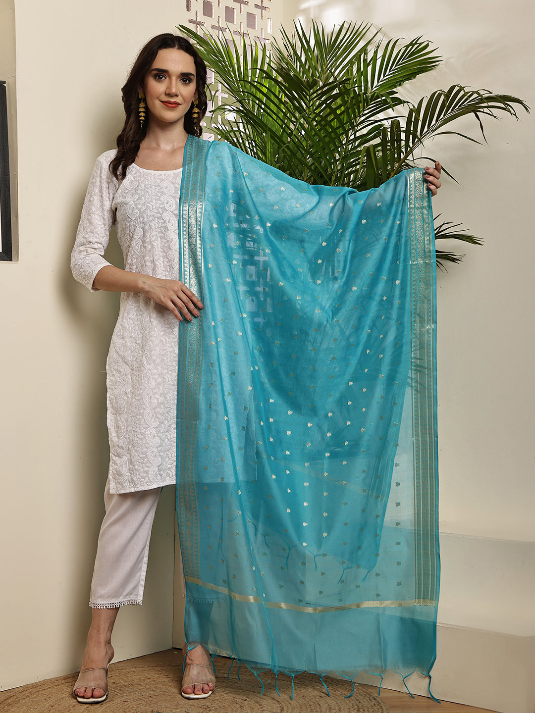 Dupatta-Banarasi Chanderi Buti- Light Turquoise Blue
