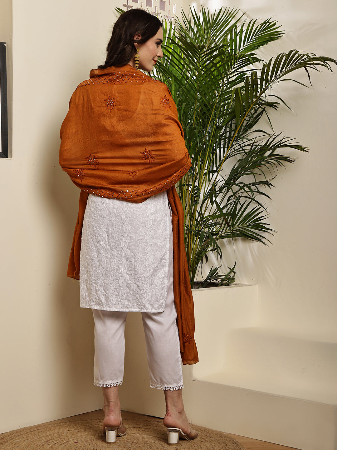 Dupatta- Cotton Silk Foil Mirror Work- Brown
