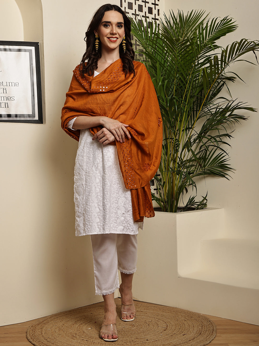 Dupatta- Cotton Silk Foil Mirror Work- Brown