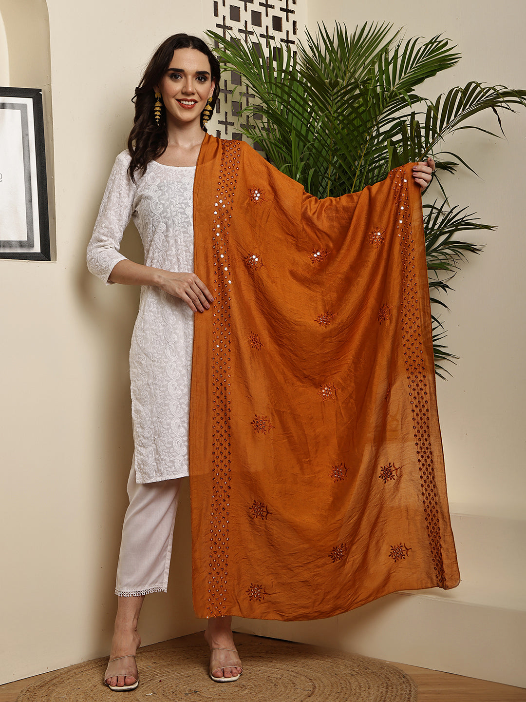 Dupatta- Cotton Silk Foil Mirror Work- Brown