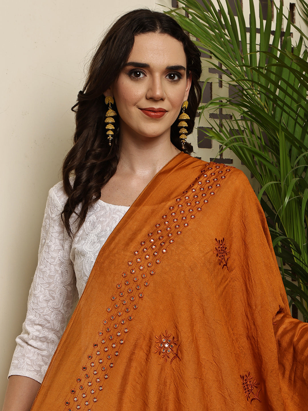 Dupatta- Cotton Silk Foil Mirror Work- Brown