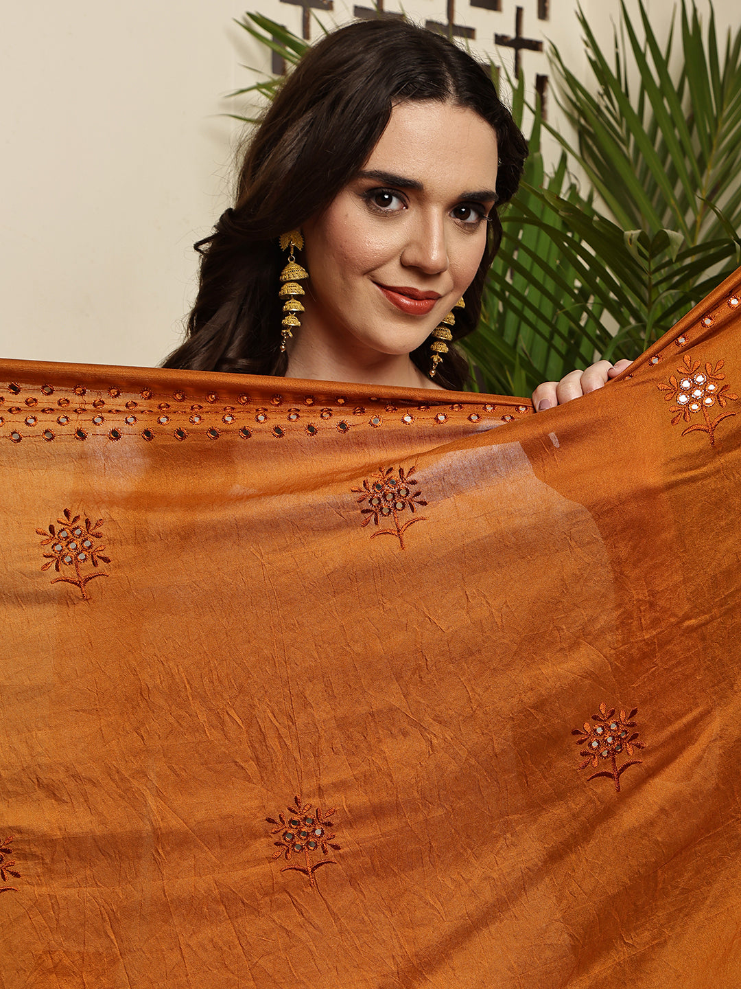 Dupatta- Cotton Silk Foil Mirror Work- Brown