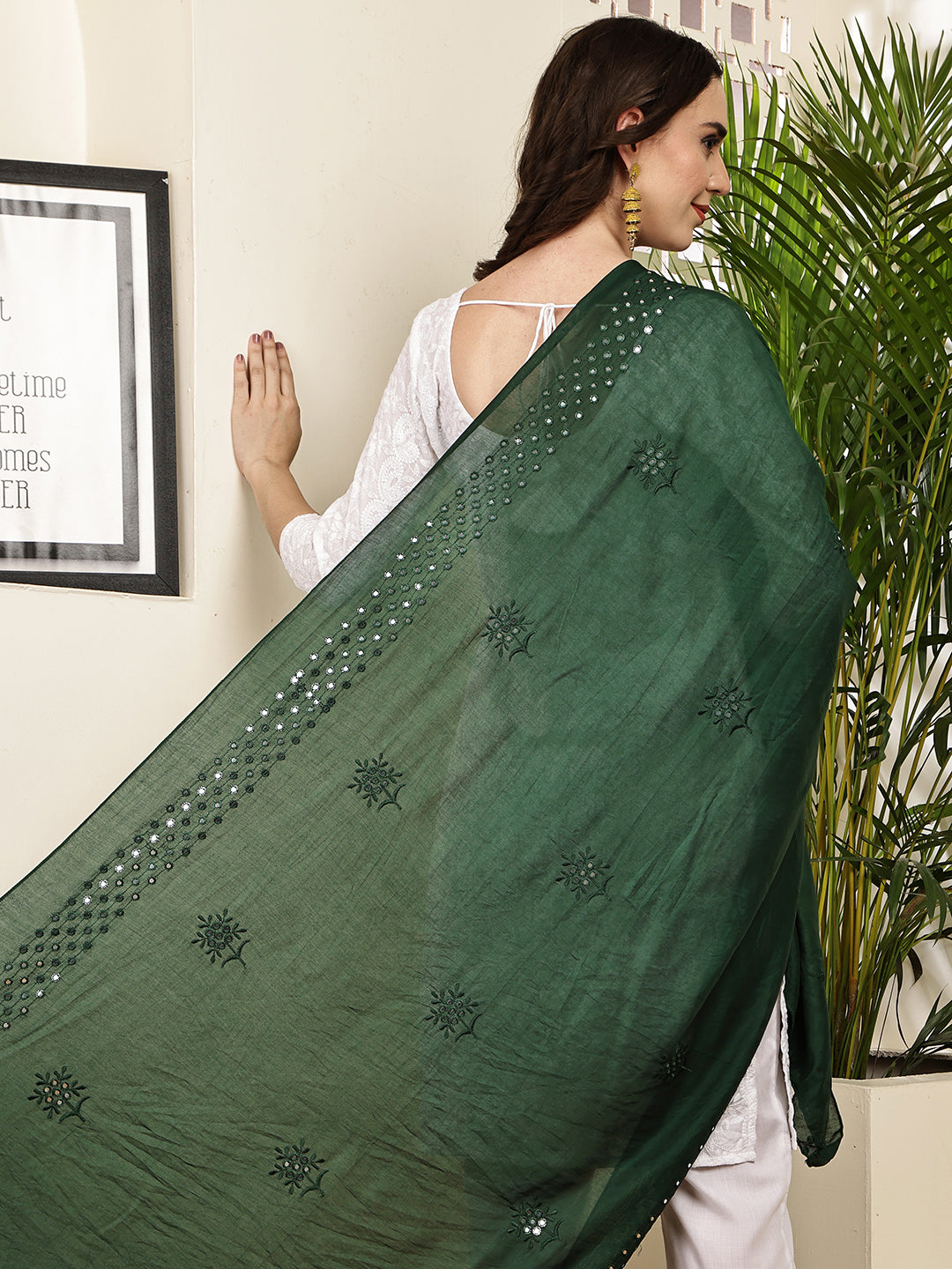 Dupatta- Cotton Silk Foil Mirror Work- Teal Green